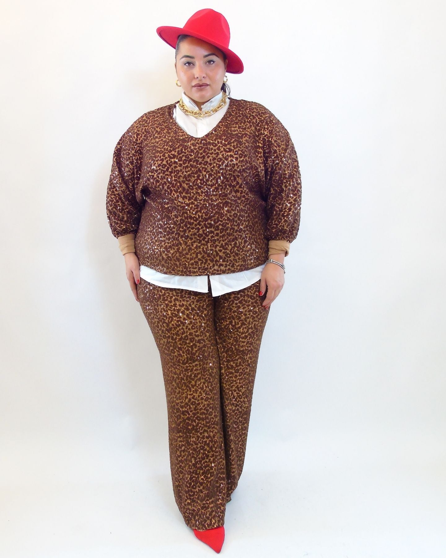 Pantalone con trama animalier e paillettes 7898