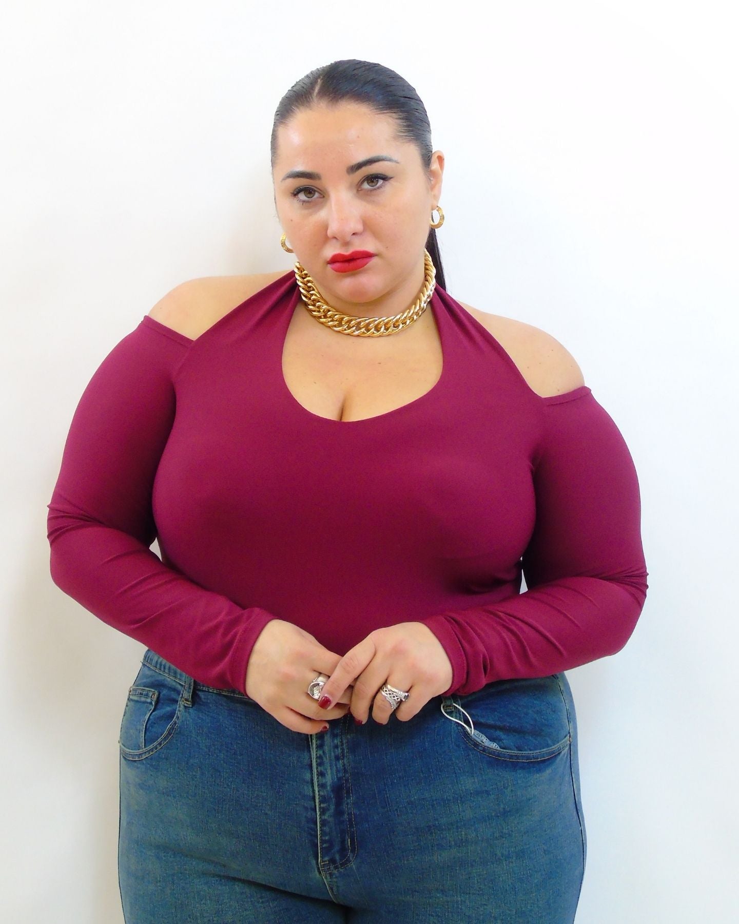 Body con scollo V e tessuto al collo