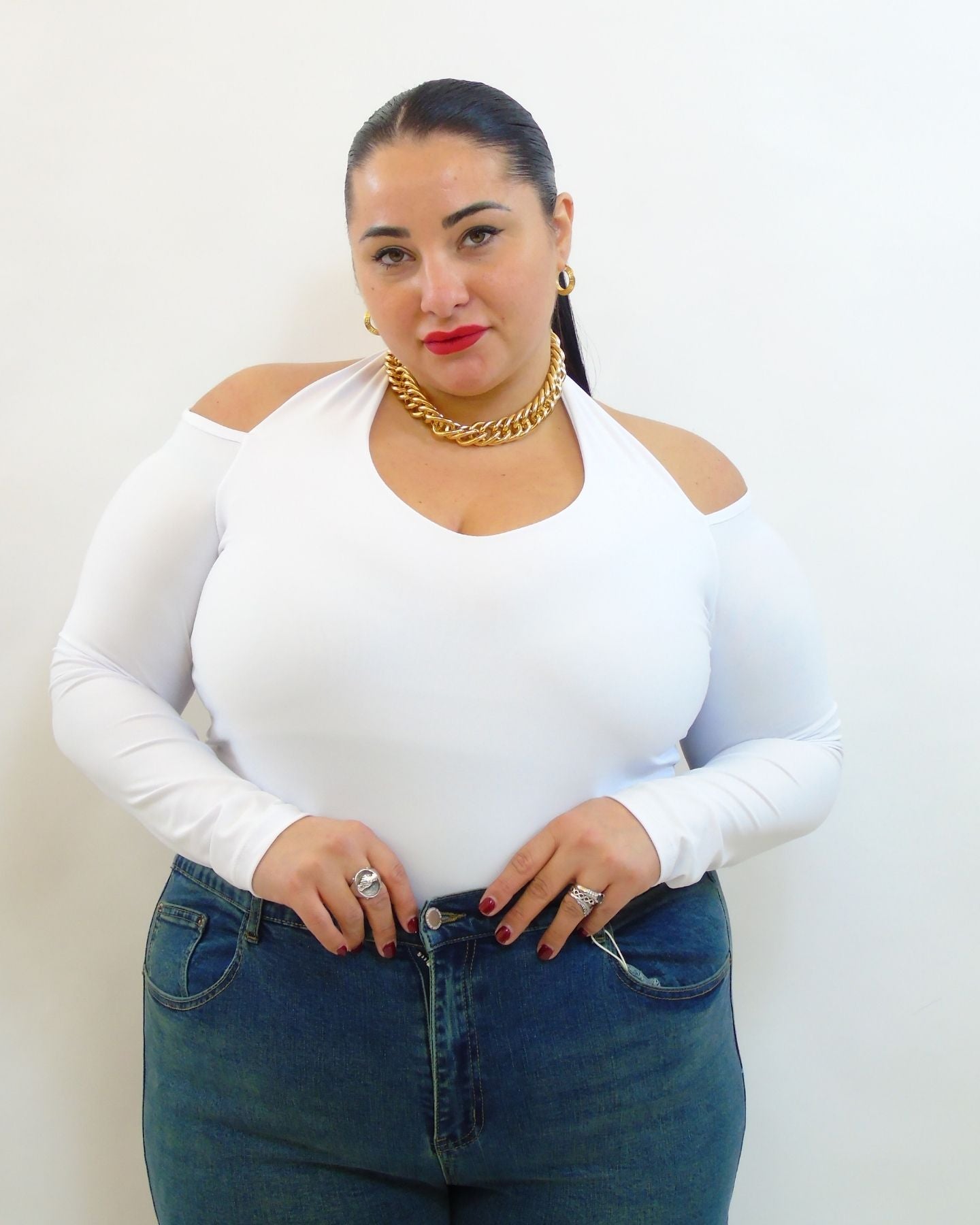 Body con scollo V e tessuto al collo