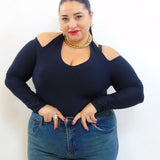 Body con scollo V e tessuto al collo