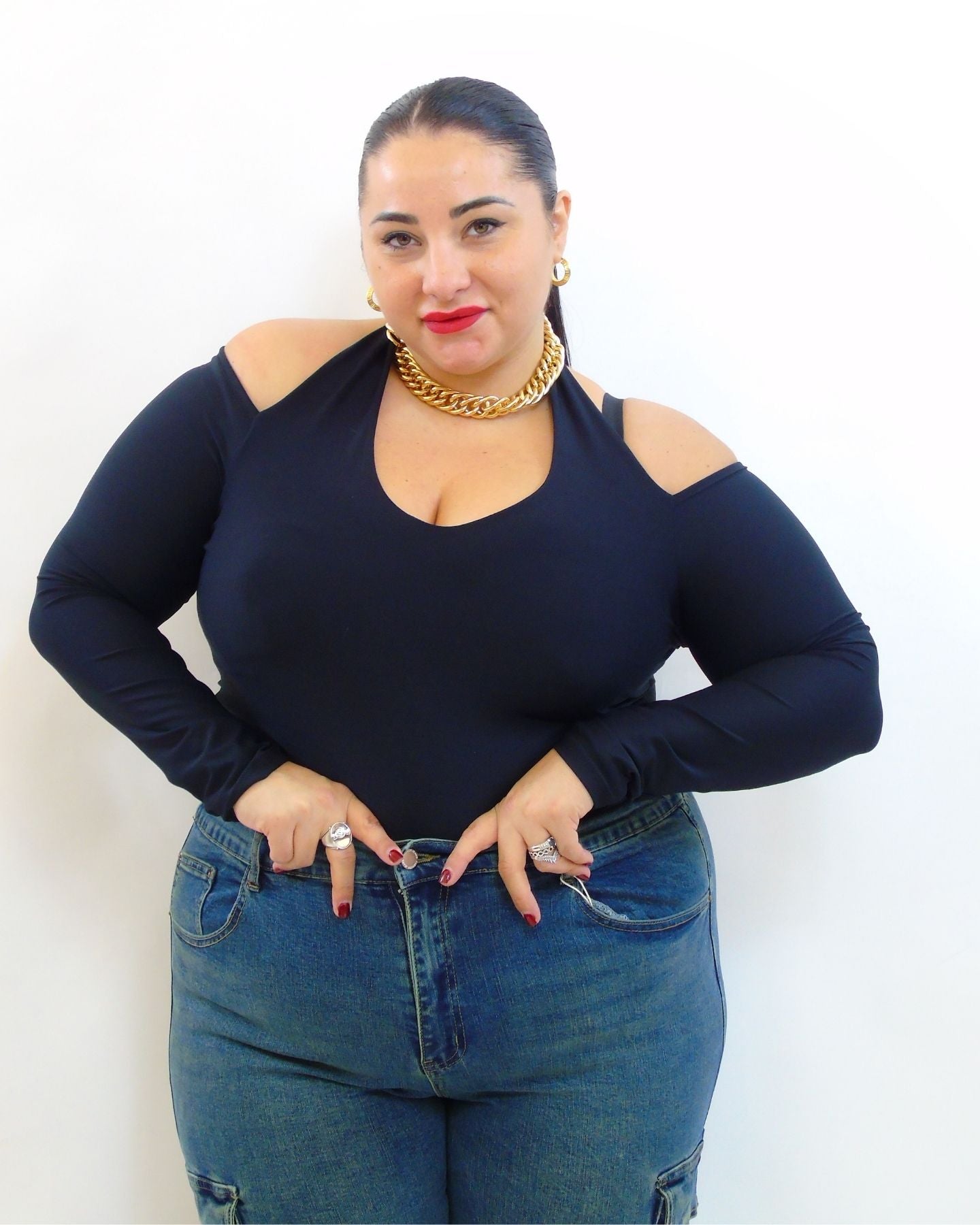 Body con scollo V e tessuto al collo